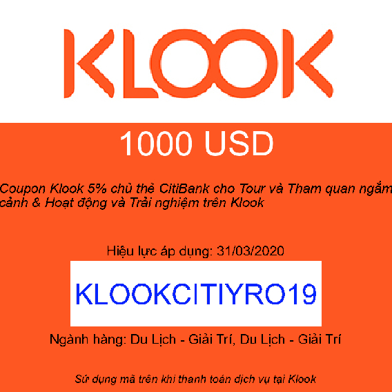 Coupon Klook 5% chủ thẻ CitiBank cho Tour và Tham quan ngắm cảnh & Hoạt động và Trải nghiệm trên Klook